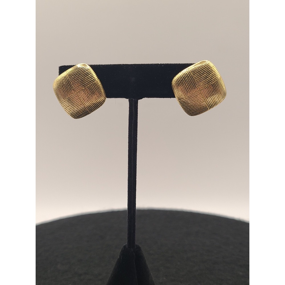 Vintage Monet Signed Gold Tone Basketweave Square Post Earrings 1980s Grid Stud